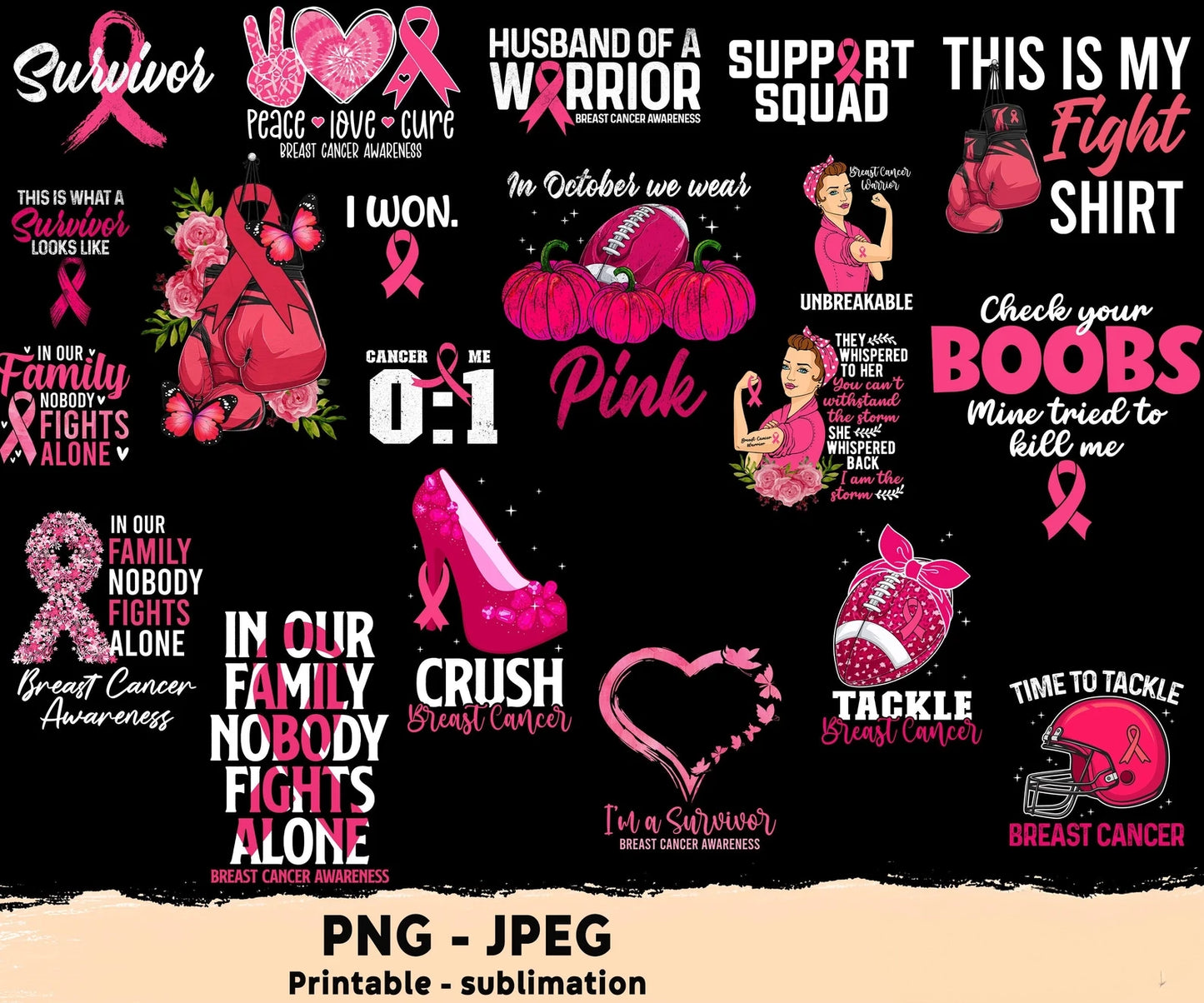 💗 Breast Cancer Awareness PNG Bundle – 20+ High-Quality Digital Designs for Sublimation, Shirts & More