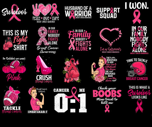 💗 Breast Cancer Awareness PNG Bundle – 20+ High-Quality Digital Designs for Sublimation, Shirts & More